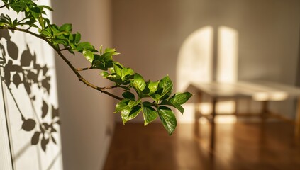 Sunny green leaves on branch casting shadows, seasonal change