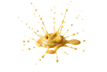 Honey mustard sauce. Drips and splattered salad dressing set against a white background with a clipping path.
