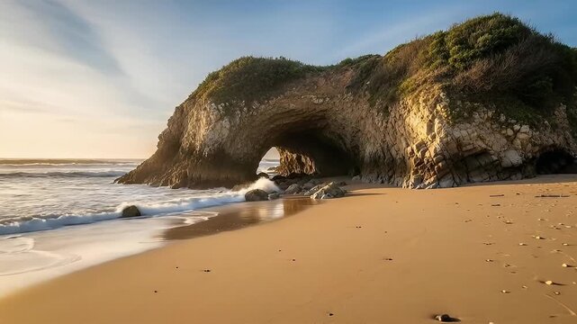 A breathtaking wide shot reveals a pristine sandy beach kissed by the gentle ebb and flow of ocean waves. Dominating the scene is a magnificent natural rock archway, expertly carved by centuries of re