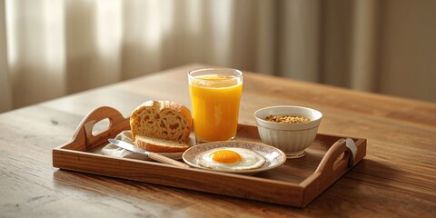 Breakfast plate with bread, orange juice, cereals, and egg, emphasizing a balanced meal for health awareness