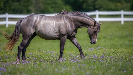 Fototapeta premium Grey Andalusian horse grazing in a green field adorned with purple flowers, showcasing the theme of tranquility
