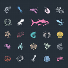 Set of Seafood and fish silhouette icons. Tuna, sterlet and halibut. Lobster, squid, octopus, mussel, fish salmon, shrimp and scallop. 