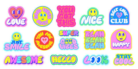 Cool Cartoon Funny Character Stickers Set Vector Design. Groovy Pop Art Funky Patches. Y2k Badges.