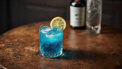 Cocktail with blue gin, tonic and lemon on rustic wooden table, refreshing drink option