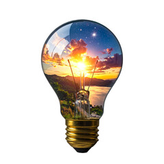 Light bulb with sunset landscape inside isolated on white background, transparent PNG
