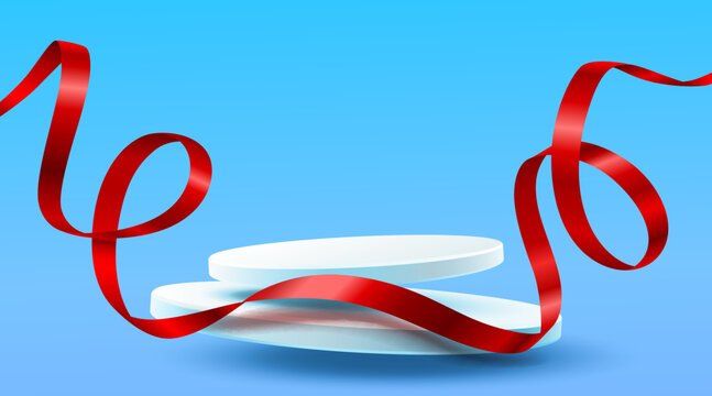 Modern 3D podium stage with elegant red ribbon on a vibrant blue background. Perfect for product display and promotion.