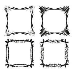Four decorative frames. Black grunge border. Abstract leaf Vector element. Brush stroke design.