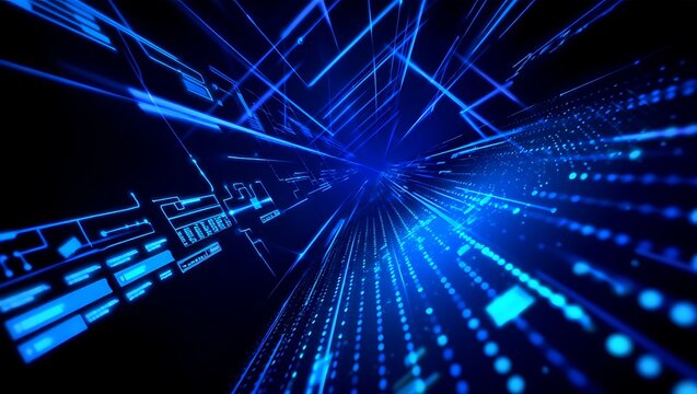 Futuristic blue digital technology background with circuit board and data streams