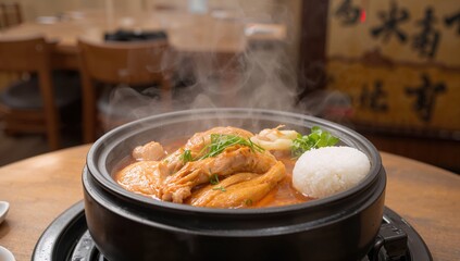 Classic Samgyetang dish in a Korean restaurant, hot ginseng chicken soup served in a Dolsot stone bowl, emphasizing traditional summer cuisine, Earth Day