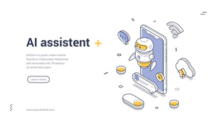 AI assistant and artificial intelligence technology banner with friendly robot and smartphone. Modern chatbot and automation template for website landing page. Isometric web banner vector template.