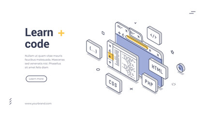 Learn to code and programming education online banner with browser windows and code editor. Modern web development template for website landing page. Isometric web banner vector template