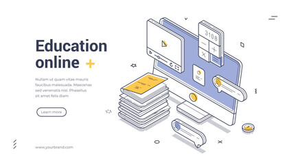 Online education and e-learning digital classroom concept with laptop books graphs and communication tools. Modern isometric web banner vector template for educational platform website and application