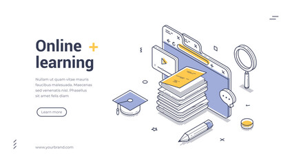 Online learning and digital education knowledge platform concept with book tablet documents and diploma. Modern isometric web banner vector template for educational website