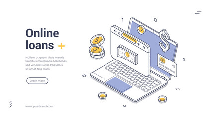 Online loans concept for digital finance and quick credit approval with laptop, coins, cash, and clock. Modern isometric web banner vector template for fintech website and loan application