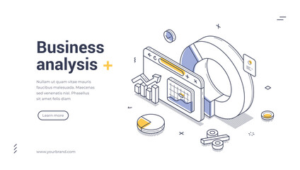 Business analysis concept for data analytics, intelligence, and strategic planning with monitor, charts, and graphs. Modern isometric web banner vector template for website and application