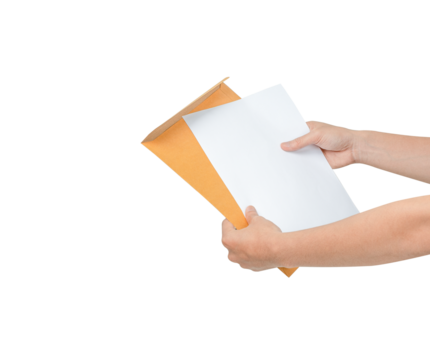 A clean, high-resolution studio shot of a hand extending and holding a large, blank brown manila envelope or document against a pure white background. The simple, isolated composition allows for excel