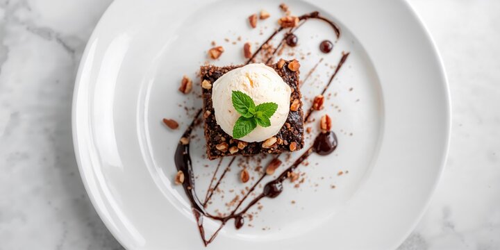Dessert featuring a brownie, ice cream, nuts, and mint on a white plate, focusing on dessert presentation - Powered by Adobe