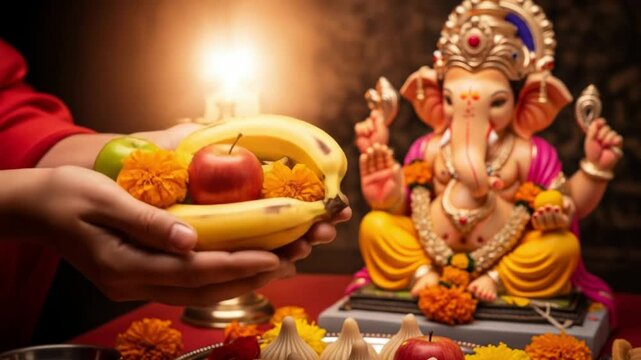 Offering fruits to Lord Ganesha on Sankashti Chaturthi, a tradition showcasing faith and devotion during Shukla Paksha.