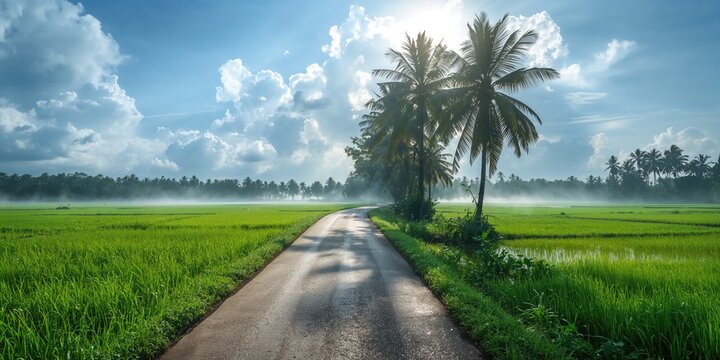 Village road running between lush Paddy fields during rainy season, emphasizing seasonal agricultural activity