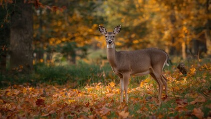 Mule deer foraging in a forest during autumn, focusing on face and animal behavior, wildlife awareness day