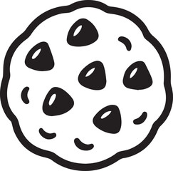 A close-up, high-contrast illustration of a perfectly formed chocolate chip cookie. The bold, black outlines and contrasting shapes create a visually appealing and engaging design.
