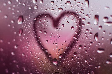 Heart shape viewed through a rainy glass pane in pink and red tones, creating a feminine, sunny backdrop for romantic media.