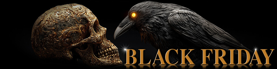 Extreme close-up of a black raven with glowing eyes perched on a sinister skull and text “BLACK FRIDAY” against a black background with copy space. Generative AI.