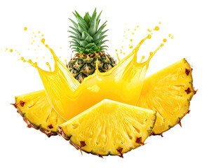 A pineapple with sliced pieces, a crown, and vibrant juice splashing outwards