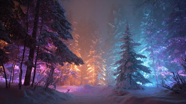 snow-covered trees glowing with colorful lights, - Powered by Adobe