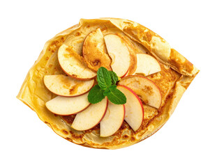 Top view Thin crepe with apple slices, garnished with mint leaves