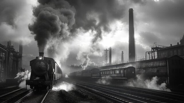 Steam train chugs through industrial landscape on a misty morning