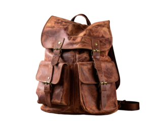 Rustic leather backpack with flap closure, multiple pockets, and adjustable straps