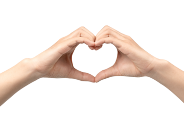 Two hands forming a heart shape (love sign) with the fingers joined together. Isolated on a pure white background, this gesture symbolizes love, care, friendship, support, romance, and charity.