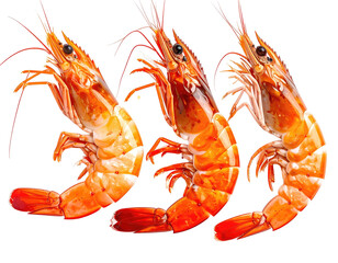 Three cooked crustaceans, orange-red with tails, placed on a transparent background