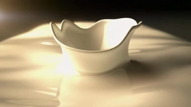 A bright red strawberry rolls gracefully across a smooth surface, finally settling into a beautiful white bowl.