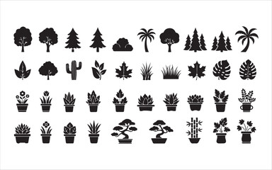 Black silhouette potted plants and flowers collection