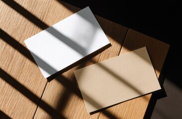 Two blank rectangular cards on wood, shadows across them. One white, one beige