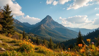 Mountain Peak Landscape with Wildflowers