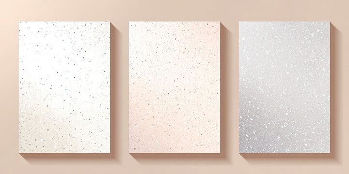 Three abstract rectangular panels with speckle patterns and subtle shadows. Presented on a light beige backdrop