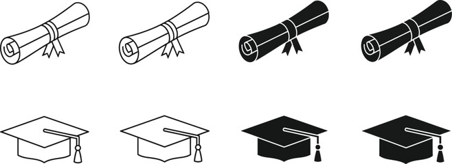 Graduation caps mortarboards and diplomas scrolls for graduation achievement vector illustration icons, silhouettes.