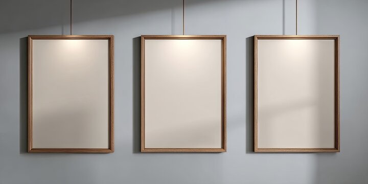 Three rectangular frames hanging on strings against a gray wall with a single light source above each