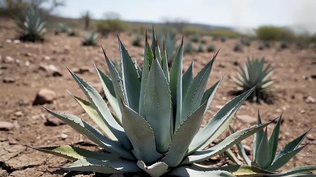A captivating close-up shot of a resilient succulent plant, possibly an agave variety, showcasing its striking, thick, and spiky bluish-green leaves fanning out symmetrically. The plant stands firmly 