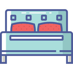 Clean Line Art Illustration of a Light Blue Bed with Red Pillows and White Background Featuring Two Square Decorative Elements on Headboard