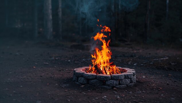 Campfire with smoke and glowing coals in woodland area, focusing on safety during outdoor activities
