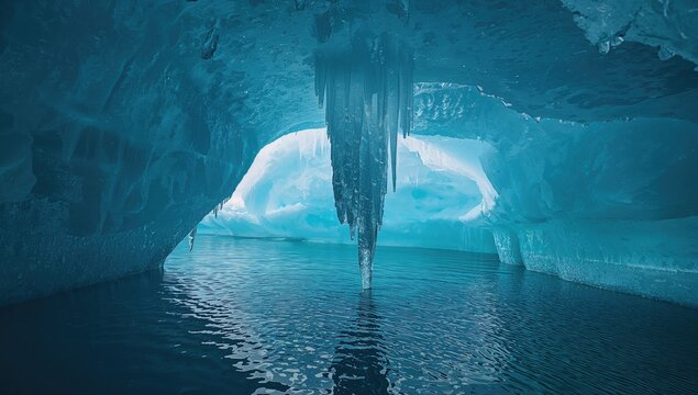 Iceberg with detailed icicles in an Antarctic aqua grotto at Cape Adare, natural erosion risk