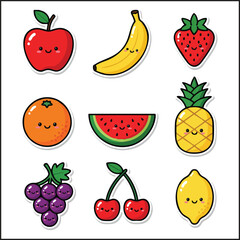 Cute Kawaii Fruit Character Vector Icon Set with Happy Faces