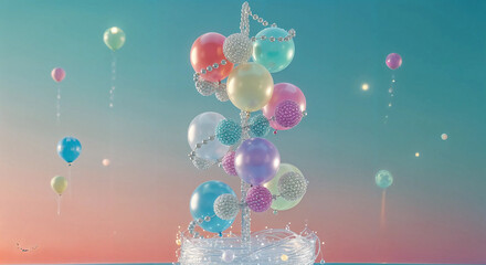 Vibrant 3d render of a festive balloon arrangement with glitter and sparkling elements against a soft gradient sky