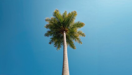 Tall tropical tree with lush green canopy against a blue sky, emphasizing seasonal growth, Summer