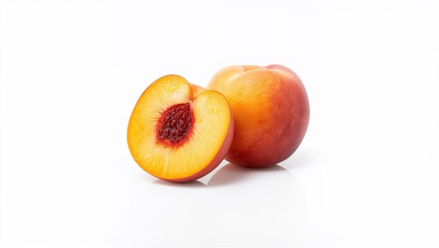 Two ripe peaches on a white background emphasizing fresh fruit for healthy diets, food and drink - Powered by Adobe