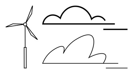 Wind turbine with abstract flowing clouds symbolizes renewable energy, clean environment, sustainability, eco-conscious movement, innovation, green power, and a fresh perspective in a simple flat